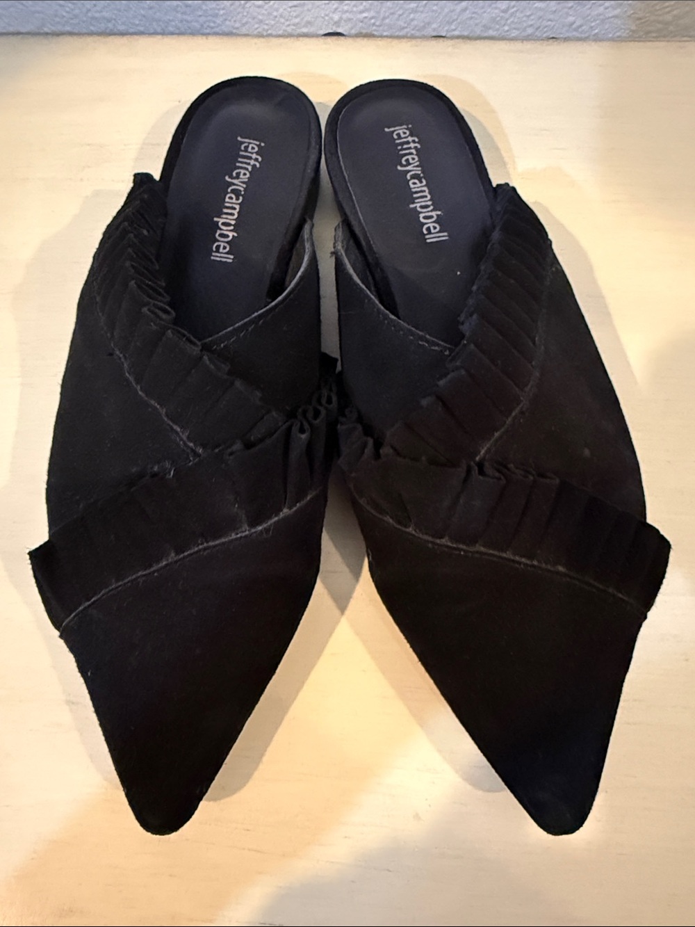 Jeffrey Campbell Black Pointed Ruched Suede Mules